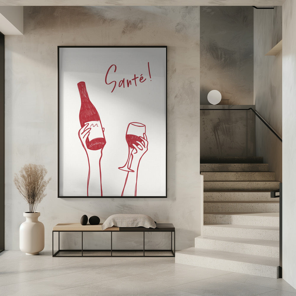 Hands holding a wine bottle and a wine glass with the text "Cheers!" in French | Poster
