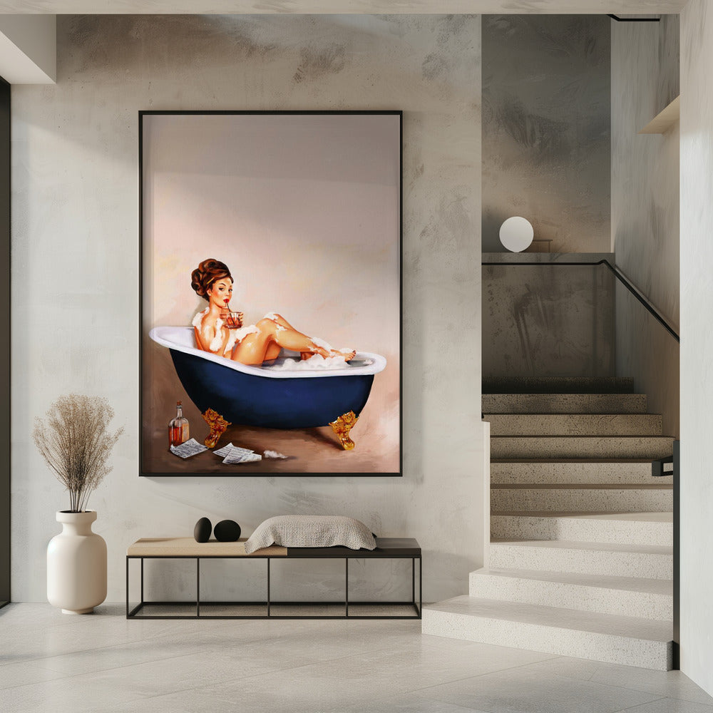 Bathtub Drinks: Pinup Girl Drinking In Bathroom | Poster