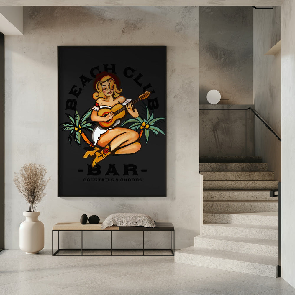 Beach Club Bar. Sailor Jerry Style Pin-up Girl Playing Guitar | Poster