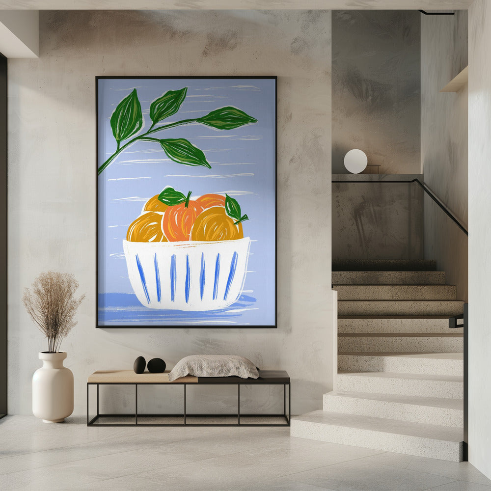 Oranges And Leaves In A White Bowl | Poster