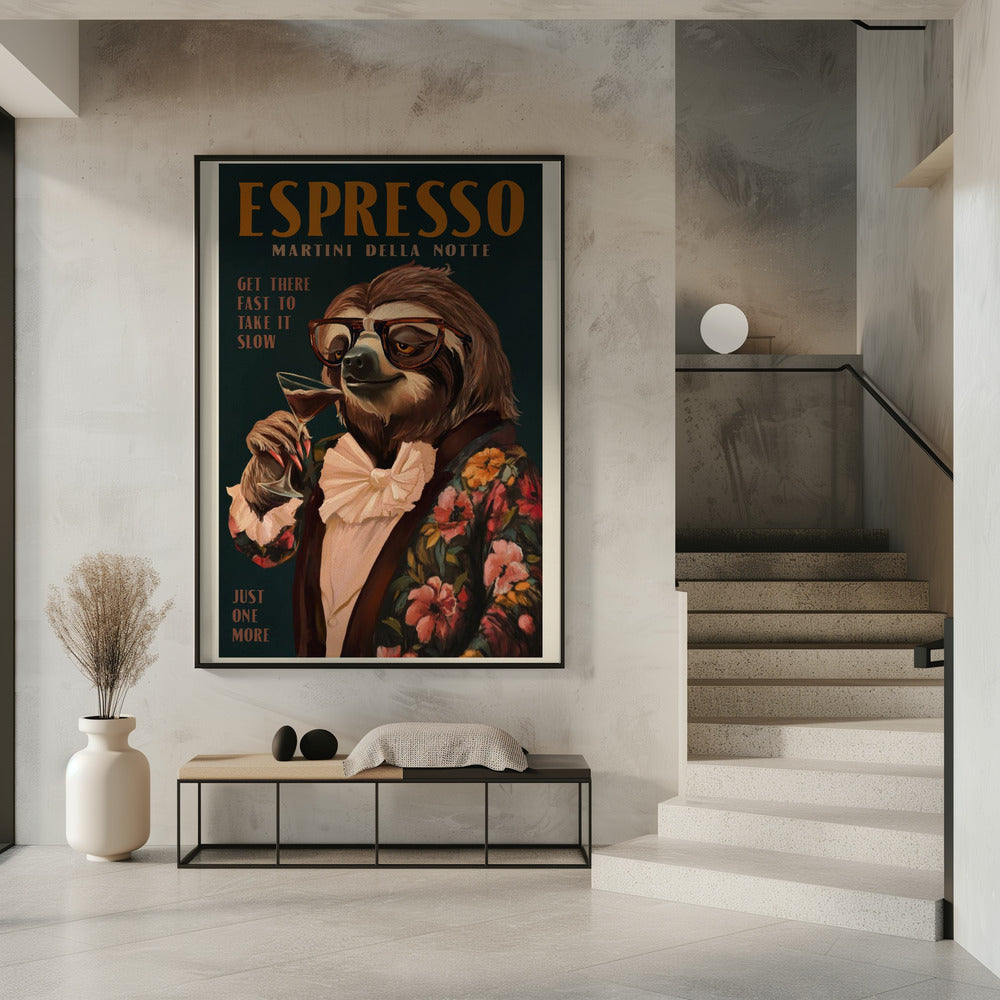 Art Deco Espresso Martini Drinking Sloth | Poster