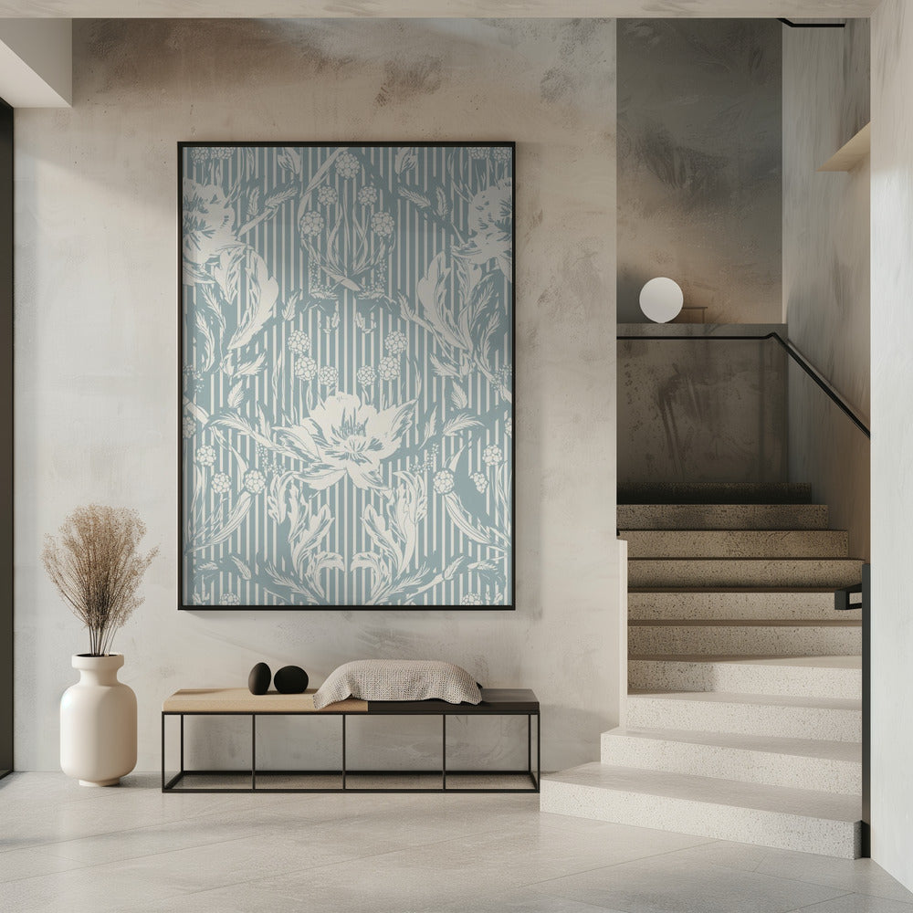 Floral Heritage Morris monochrome stripes chalky blue pattern | Poster