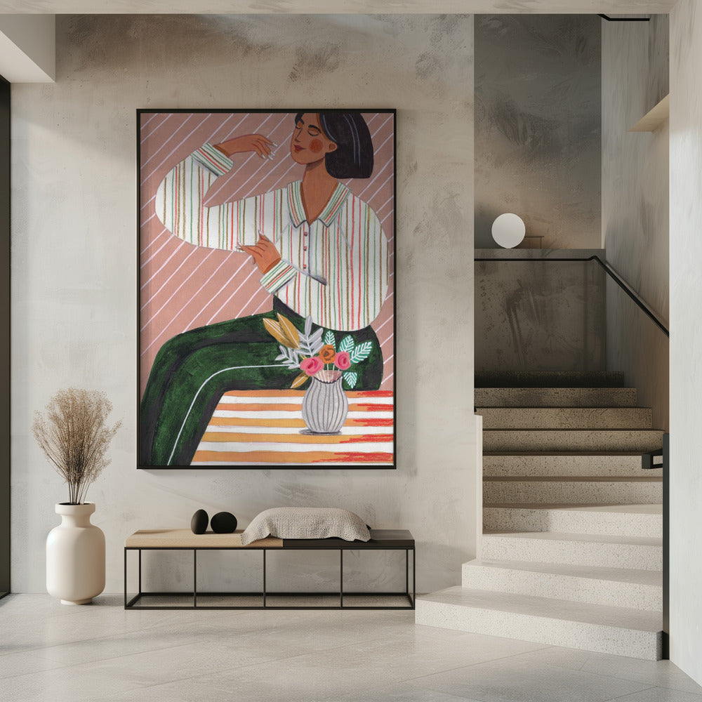 Woman in Stripes Shirt and Green Pants | Poster
