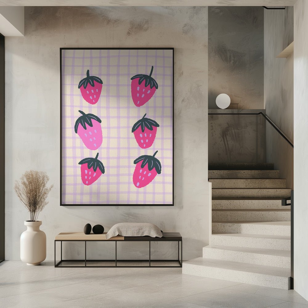 Abstract strawberries on a grid pattern | Poster