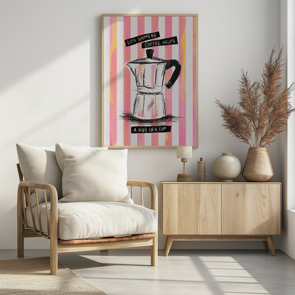 Mocca Coffee on Stripes - Hug in a Cup | Poster