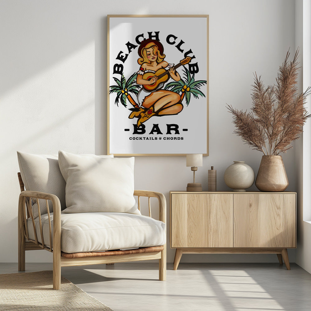 Beach Club Bar. Sailor Jerry Style Pin-up Girl Playing Guitar | Poster