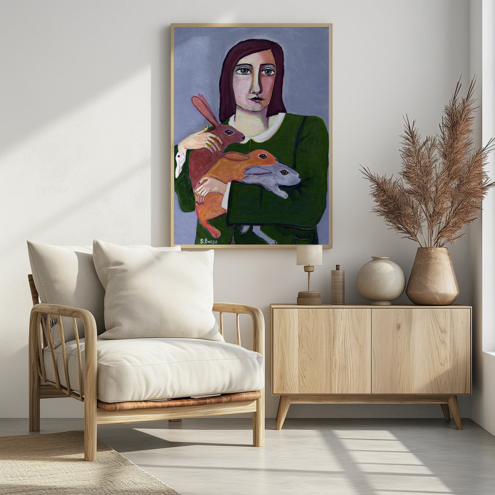 Lady with Three Rabbiets | Poster