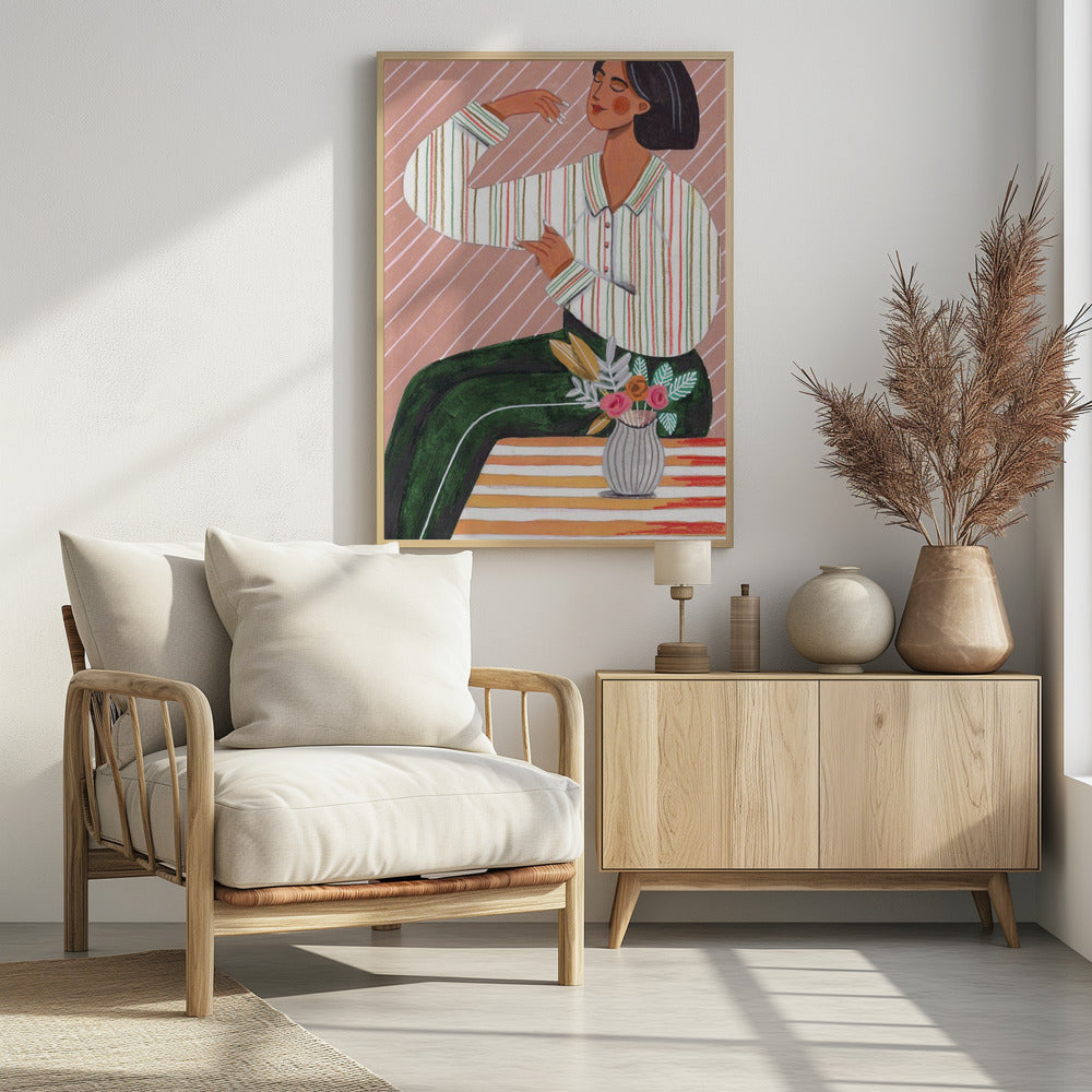 Woman in Stripes Shirt and Green Pants | Poster