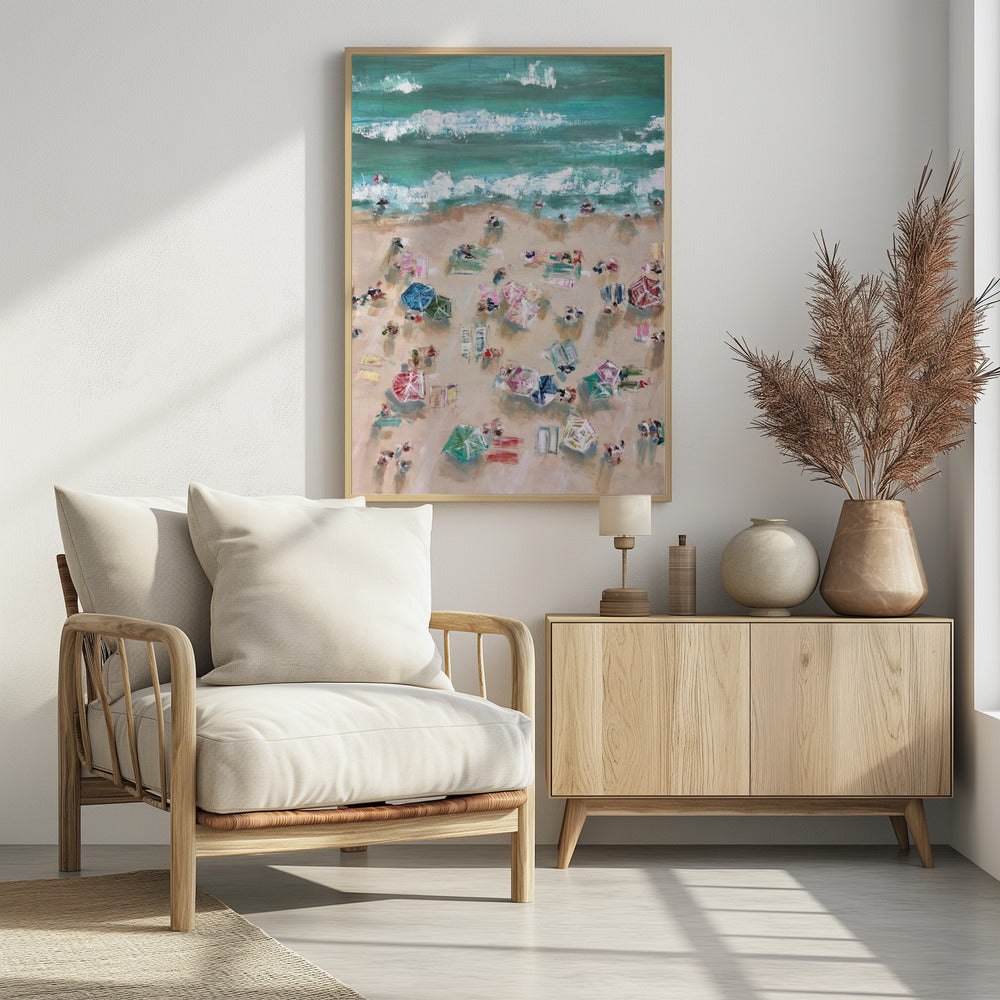 Colorful Umbrellas and Sunbathers on a Sandy Shore | Poster