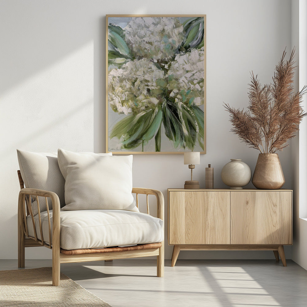 White Hydrangeas with Lush Green Leaves | Poster