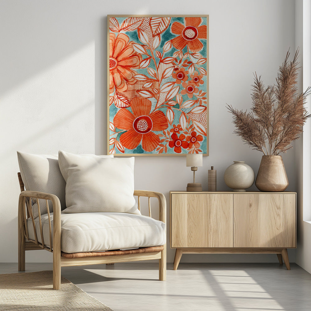 Red Daisies With Aqua | Poster