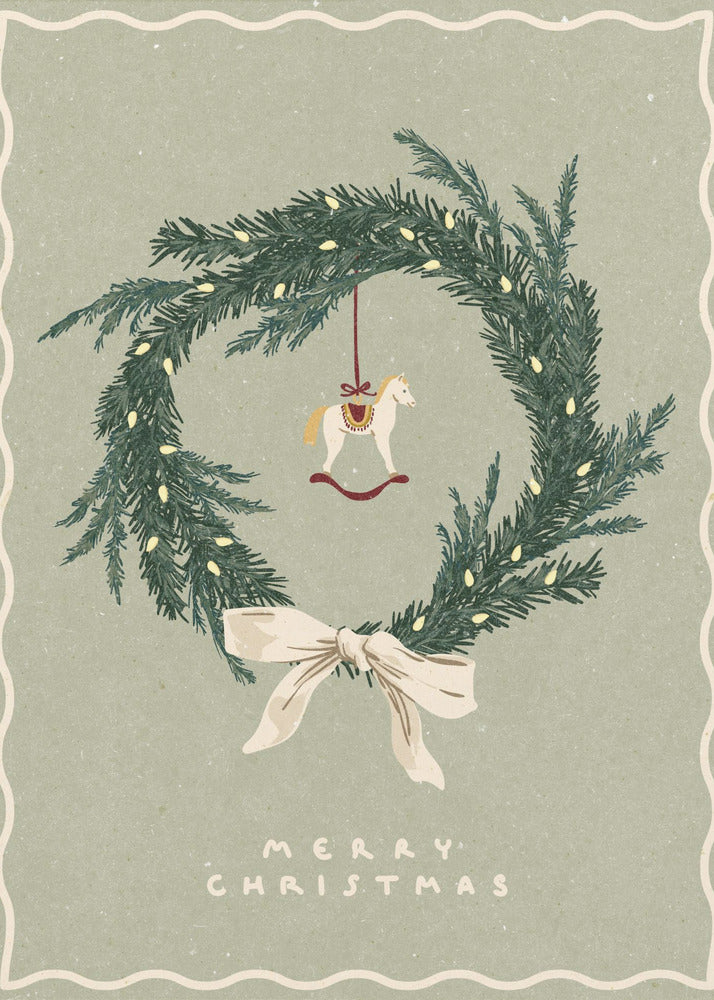 Horses toy on Christmas wreath with bow | Canvas