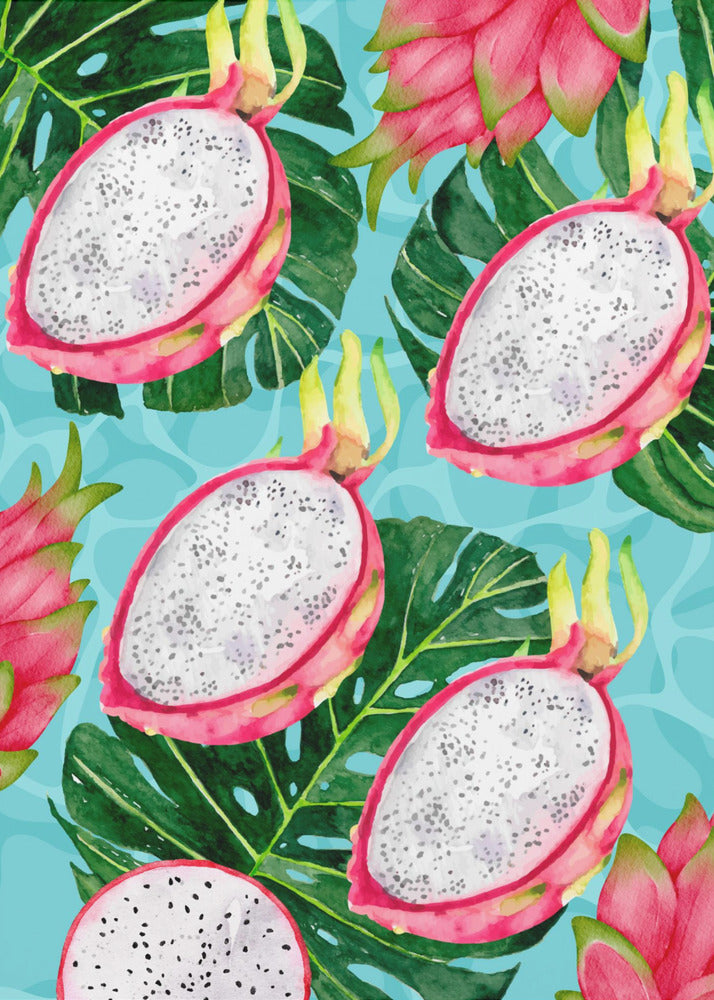 Vibrant Dragon Fruit & Monstera Leaves Aesthetic Pattern - Exotic Tropical watercolor | Canvas