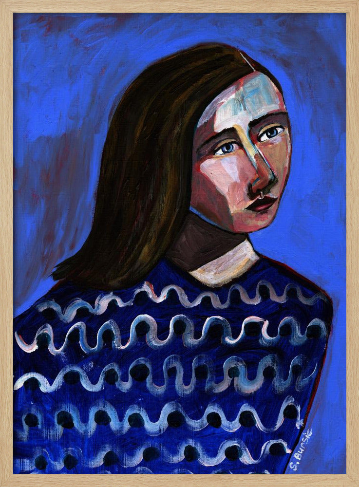 Woman in Blue Sweater Naive Portrait Figurative | Poster