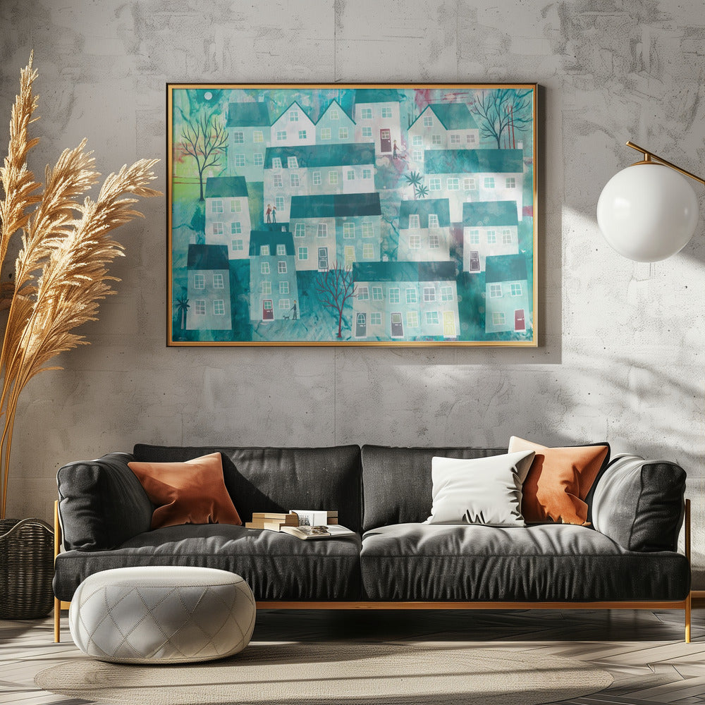Whimsical Village Scene With Stylized Houses | Canvas