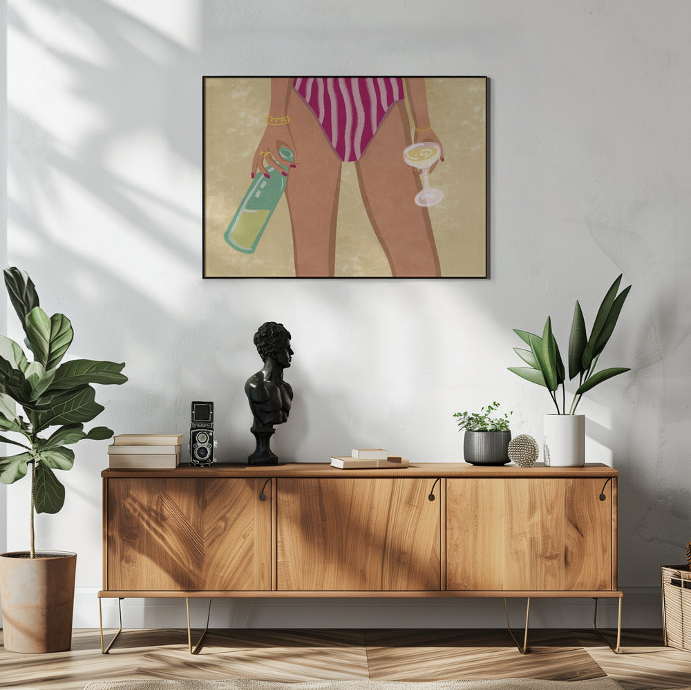 Girl with wine at the beach | Poster