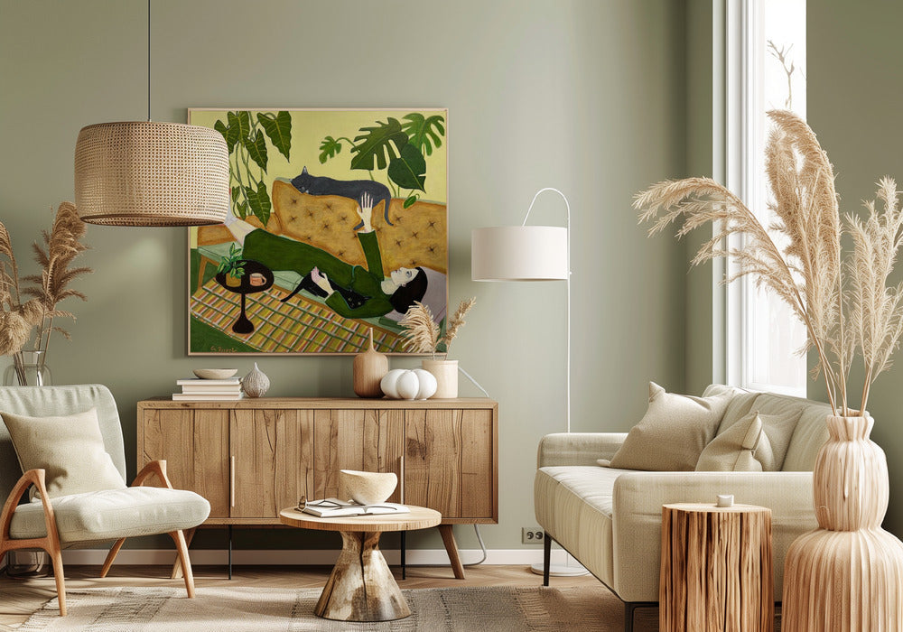 Cat Lady on Couch having a date | Canvas