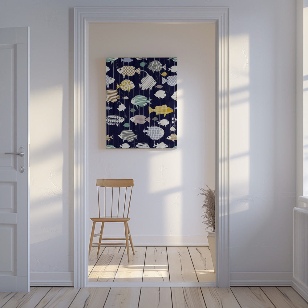 Fresh fish on dark navy blue pattern | Canvas