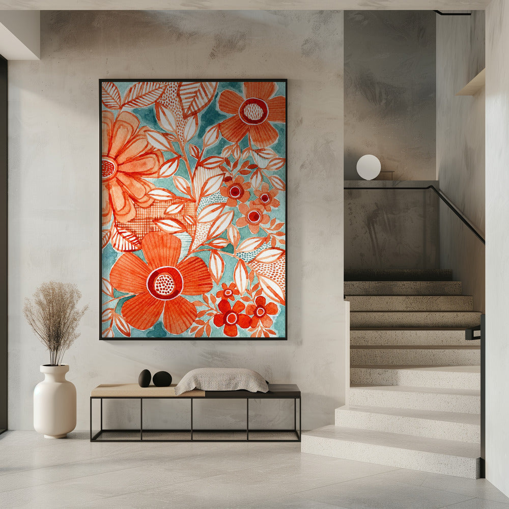 Red Daisies With Aqua | Poster