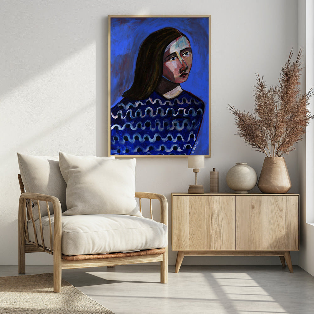 Woman in Blue Sweater Naive Portrait Figurative | Poster