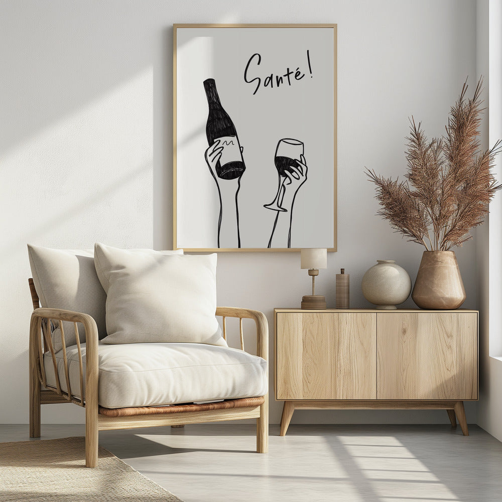 Hands holding a wine bottle and a wine glass with the text &quot;Cheers!&quot; in French | Poster