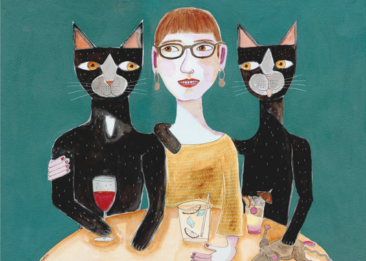 Lady with her two black cats having drinks | Poster