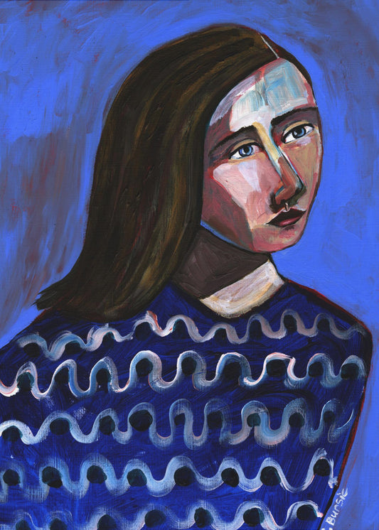 Woman in Blue Sweater Naive Portrait Figurative | Poster