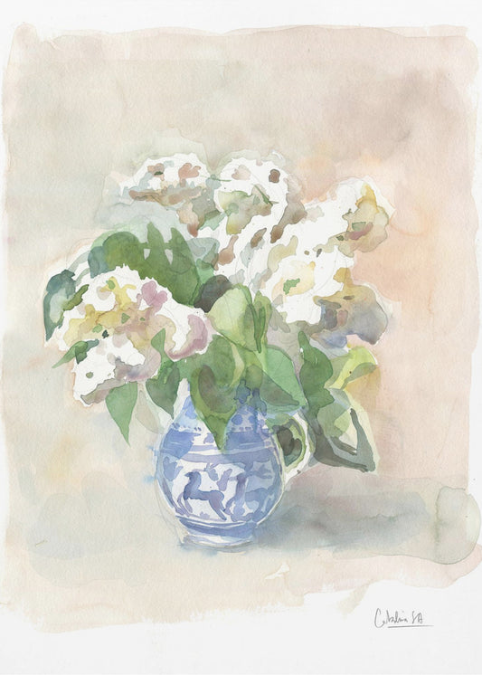 White lilacs in a vase watercolor. | Canvas