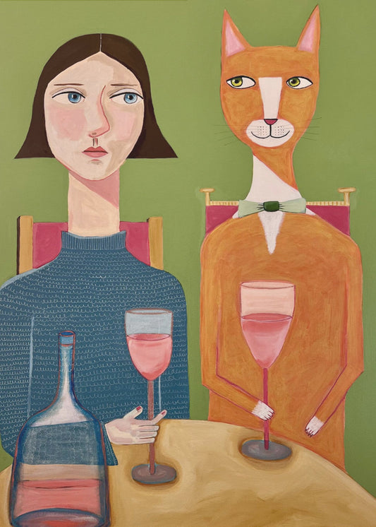 Lady and Cat Drinking Wine | Poster