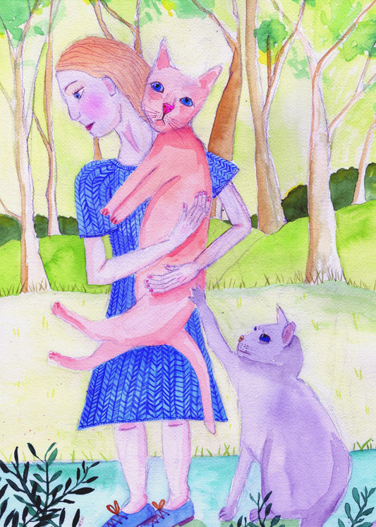 Lady with the pink and blue cat. | Poster