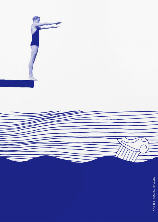 Modern Vintage Beach Wall Art, Nautical Art Print, Woman Swimming In Abstract Sea | Canvas