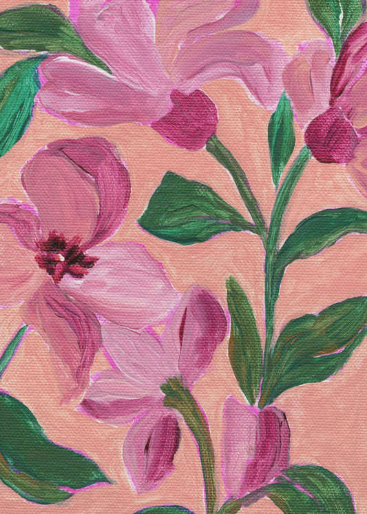 Pink Flowers With Bold Green Leaves | Poster