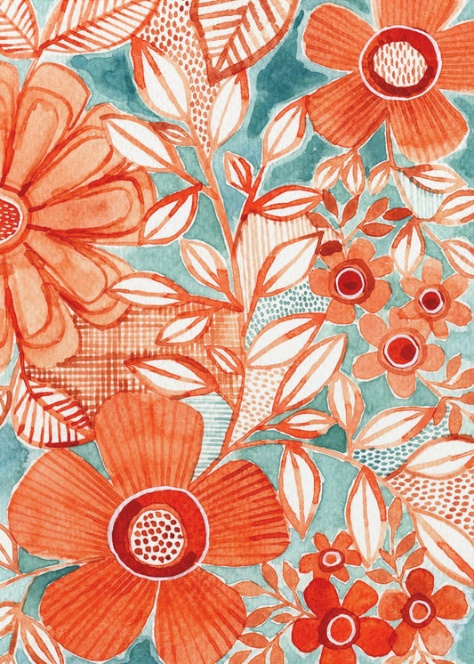 Red Daisies With Aqua | Canvas