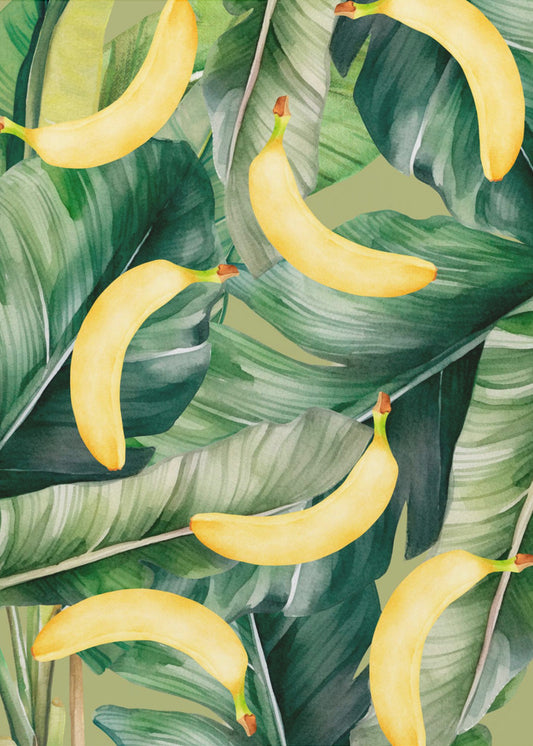 Fresh Banana &amp; Lush Tropical Leaves Aesthetic Pattern - Natural Watercolor Design | Poster