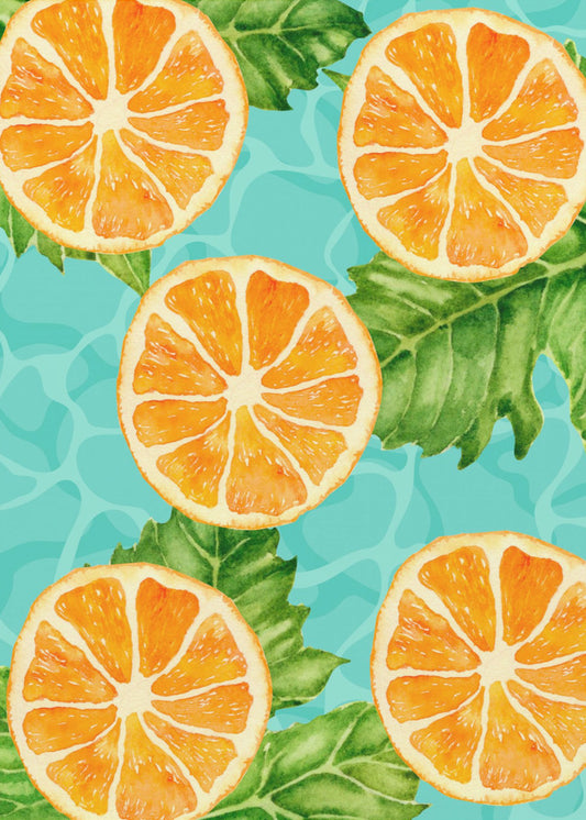 Vibrant Aesthetic Pattern of Orange Slices and Leaves - Refreshing Summer Watercolor | Poster