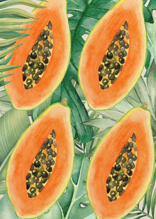 Exotic Papaya and Lush Green Leaves Aesthetic Pattern - Tropical Botanical Watercolor | Poster