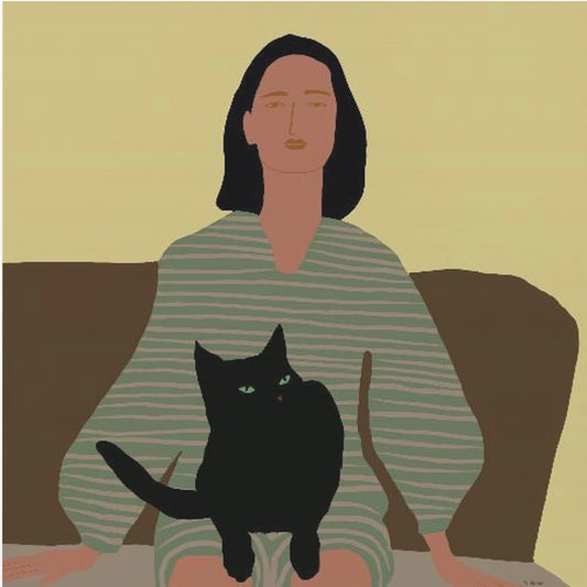 Lady sitting with black cat. | Canvas